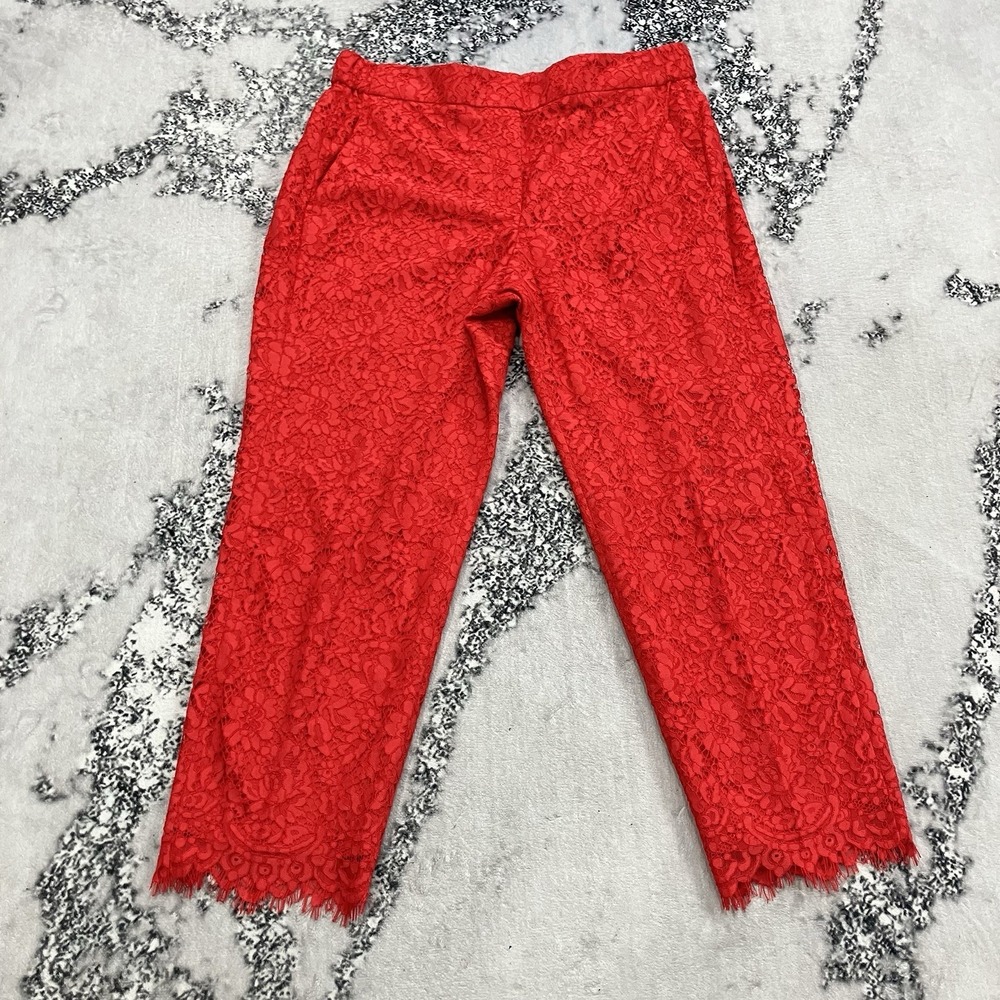 J Crew Red Lace Cropped Ankle Pants Womens Size 14 Floral Overlay